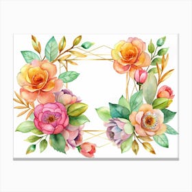 Watercolor Floral Frame With Golden Lines Canvas Print