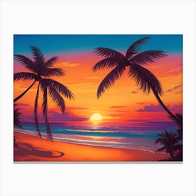 A Tranquil Beach At Sunset Horizontal Illustration 55 Canvas Print