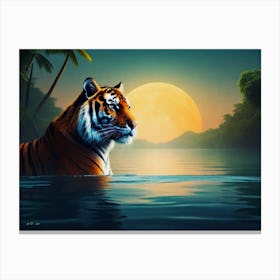 A Tiger Watching Prey From Water in Photo Realistic Paint Art Canvas Print