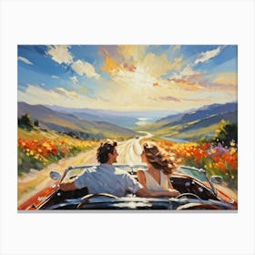 Couple Joyfully Reveling In The Warmth Waving Freely In A Sunny Open Top Convertible Hair Intimate (1) Canvas Print