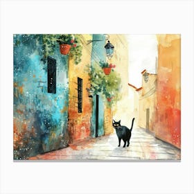 Black Cat In Latina, Italy, Street Art Watercolour Painting 3 Canvas Print