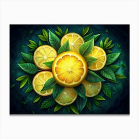 Lemon Slices With Green Leaves On A Blue Background Canvas Print