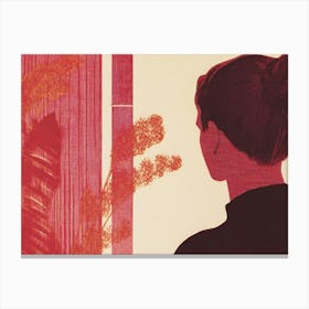 Woman Looking Out A Window Red Collage Canvas Print