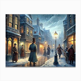 Victorian Street Scene At Night In The Snow Canvas Print