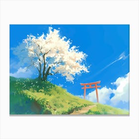 Cherry Blossom Tree And Torri Gate On Top Of The Mountain Canvas Print