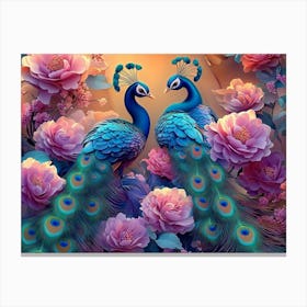 Bright Color Floral with Exotic Oriental Pattern Flowers and Peacocks Canvas Print