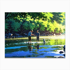 Two Boys Fishing In A River Canvas Print