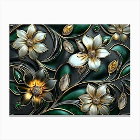 Luxury Floral Seamless with Flowers Elegant Leather Texture Illustration Background in Golden, Green and White 1 Canvas Print