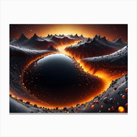 A Black Sphere With Glowing Orange Edges Is Partially Submerged In A Landscape Of Gray Mountains And Lava Like Formations Canvas Print