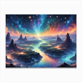 A Surreal, Fantastical Landscape Painting Depicting A Vibrant, Starry Sky Above A Valley With A River Winding Through It Canvas Print