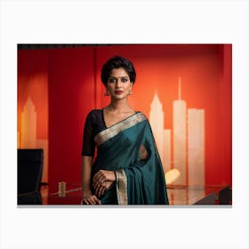 Indian Businesswoman Wearing A Modern Saree Showcasing Confident Stance Styled Short Hair Corpora Canvas Print