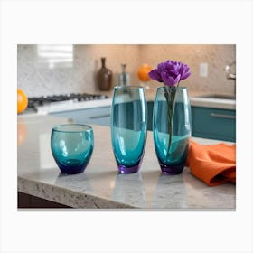 A Close Up Photo Of Three Blue Glass Vases, One Small, One Medium, And One Tall, Arranged On A White Countertop In A Kitchen Setting Canvas Print