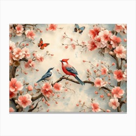 Nature's Tapestry, A Seamless Illustration Of Floral Tree Branches, Birds, Butterflies And Blooms 3d 1 Canvas Print