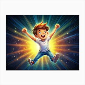 Happy Boy Jumping With Joy Cartoon Illustration Canvas Print