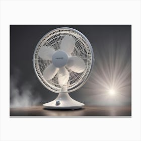 A White Standing Fan With A Wooden Floor And A Bright Light Shining Behind It, Creating A Sense Of Cool Air And Refreshment Canvas Print