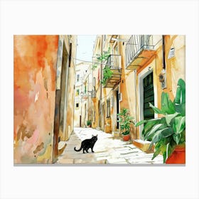 Bari, Italy   Black Cat In Street Art Watercolour Painting 4 Canvas Print