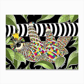 Cute, colorful, mosaic Sloth hanging around on a tropical tree Canvas Print