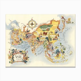 Vintage Asia Map Illustration 1951 Canvas Print