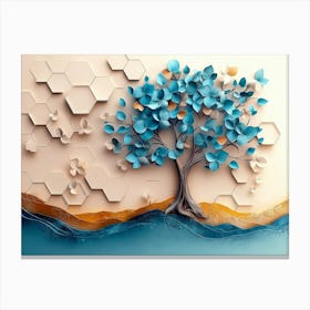 3d Tree Turquoise and Blue Leaves on Colorful Hexagons Canvas Print