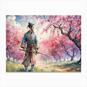 A Samurai In Traditional Clothing Standing In A Cherry Blossom Forest, Holding A Sword Canvas Print