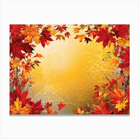 Bright Botanical Art Featuring Fall Foliage Vibrant Red Orange And Neon Colors Framing A Golden M (4) Canvas Print