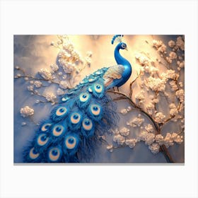 3d Background Blue Peacock On Branch 2 Canvas Print