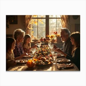 Generations Reuniting Around A Thanksgiving Banquet Table Joy Radiating Throughout The Happy Family Canvas Print
