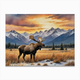 Echoes Across the Grasslands Moose In The Mountains Canvas Print