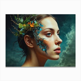 Portrait Of A Woman With Flowers On Her Face Canvas Print