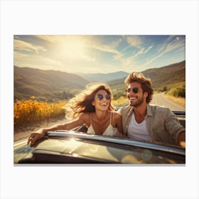 Couple Joyfully Reveling In The Warmth Waving Freely In A Sunny Open Top Convertible Hair Intimate 2 Canvas Print