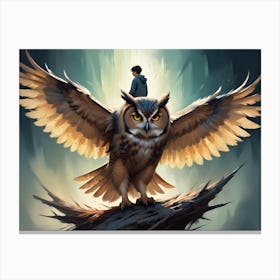 A Young Man Standing Behind A Giant Owl With Outstretched Wings Canvas Print