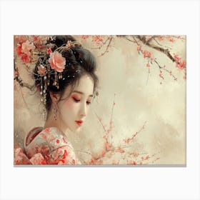 Geisha Grace: Elegance in Burgundy and Grey. Asian Girl Canvas Print