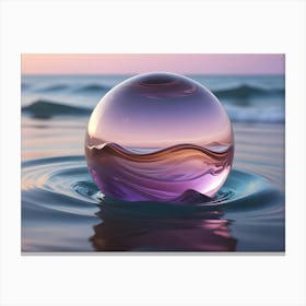 A Glass Orb, Resembling An Egg, Sits On The Surface Of Water With Ripples Around It, Capturing The Reflection Of A Sunset Sky, Symbolizing Harmony, Balance, And Nature Canvas Print