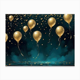 A Celebration Scene With A Group Of Gold Balloons Floating Against A Dark Green Background Canvas Print