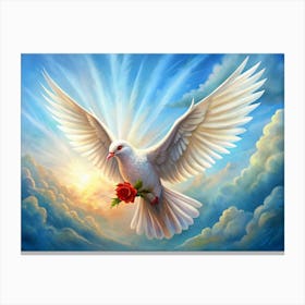 White Dove Carrying A Red Rose In A Sky With Clouds Canvas Print