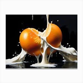 An Orange Cut In Half With A Creamy Liquid Pouring Over It, Creating A Dramatic Splash And Dripping Effect Against A Dark Background Canvas Print