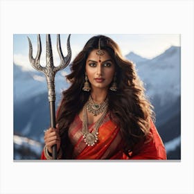 A Poised Indian Goddess Clad In A Vibrant Sari Embodying Sacred Feminine Strength Standing Firm On Canvas Print