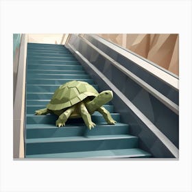 A Digital Illustration Of A Green Turtle Walking Up A Blue Escalator Canvas Print