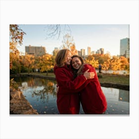 Best Friends Embracing In A Warm Hug Their Smiles Radiant Against The Backdrop Of A Bustling Urban (5) Canvas Print