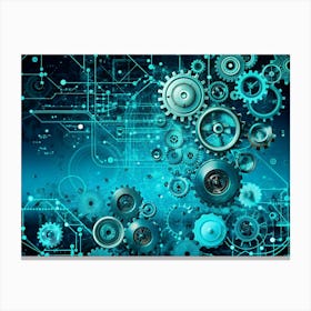 Interlocking Gears Of Varying Sizes Set Against A Blue Background With Circuit Board Patterns And Glowing Lines, Symbolizing Technological Interconnectedness Canvas Print