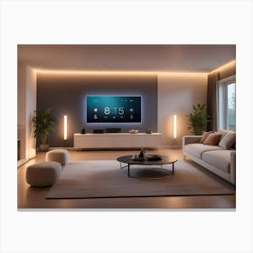 Modern Living Room Interior With A Large Tv, Comfortable Sofa, And Ambient Lighting Canvas Print