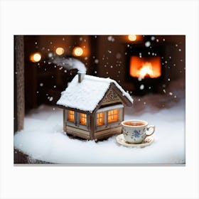 Miniature Winter Cottage Nestled In A Cozy Teacup Steam Rising Gently Surrounded By Snowflakes Mi 2 Canvas Print