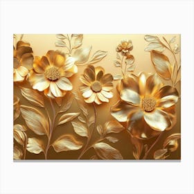 Golden Floral Background, Gold Flowers, 4k Abstract Vintage Flower Design, Artwork Gold Luxury Canvas Print