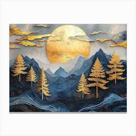 3d Landscape Moon with Golden Christmas Trees and Colorful Mountains Canvas Print