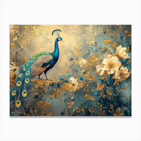 Vintage Artistic Background with Abstract Floral, Peacocks and Golden Textured Canvas Print