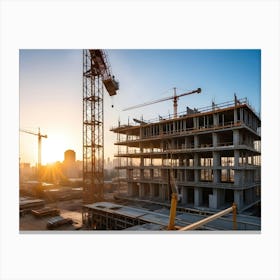 Construction Site With Cranes And A Building Under Construction At Sunrise, With A City Skyline In The Background 2 Canvas Print