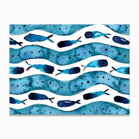 Blue Fishes Waves Sea Watercolor Canvas Print