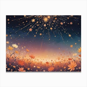 A Whimsical Illustration Of A Field Of Flowers With A Sunset Sky And Falling Golden Stars Canvas Print