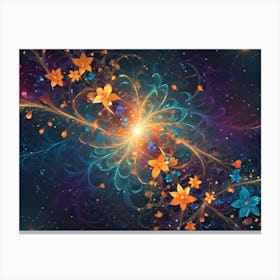 Colorful, Abstract Floral Design With Glowing Flowers, Swirling Patterns, And A Central Burst Of Light Against A Dark, Starry Background Canvas Print