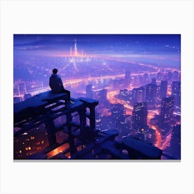 Lone young man gazing at a sprawling metropolis below him Canvas Print